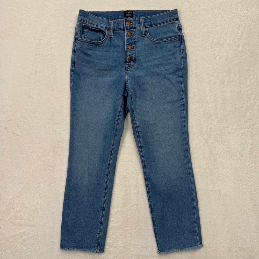 J.Crew Essential Straight Jean Womens 28 Blue Button Fly High Rise Raw Hem Denim